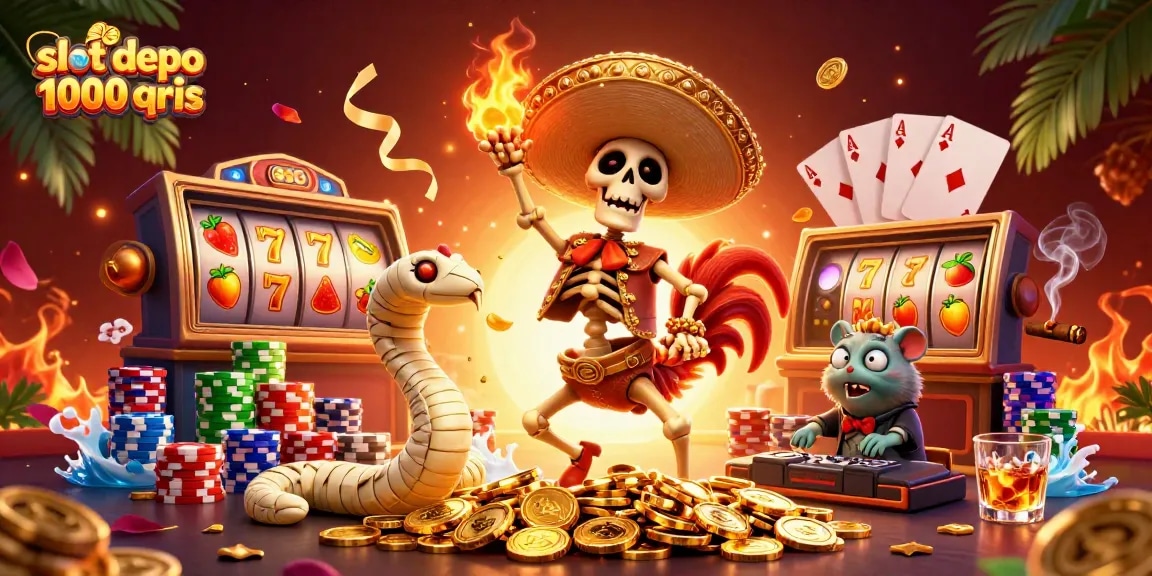 Slot depo 1000 qris meraih jackpot besar dengan karakter kasino meriah dan elemen perjudian yang menarik.