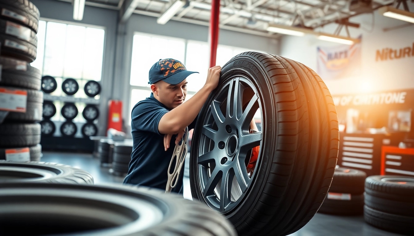 Showcase tire installation services with a technician carefully fitting a tire, emphasizing quality and professionalism.