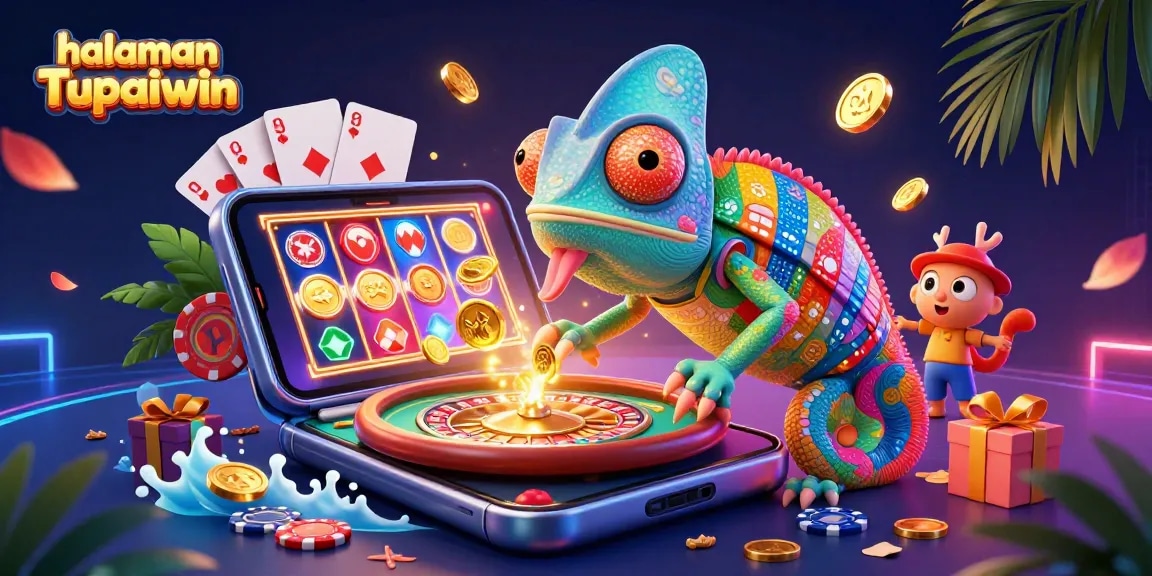 Halaman Tupaiwin menunjukkan ilustrasi kasino yang meriah dengan chip poker dan koin emas yang melimpah.