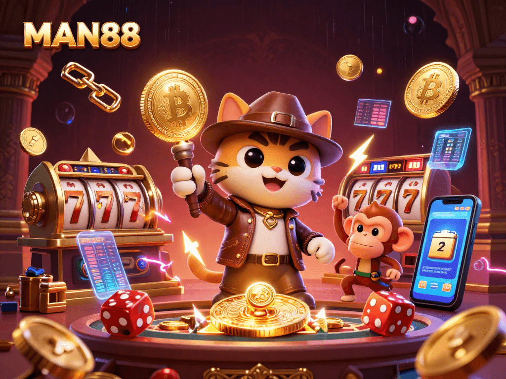 Engage with MAN88's thrilling gaming adventure featuring a cat explorer uncovering treasures in a dynamic casino scene.