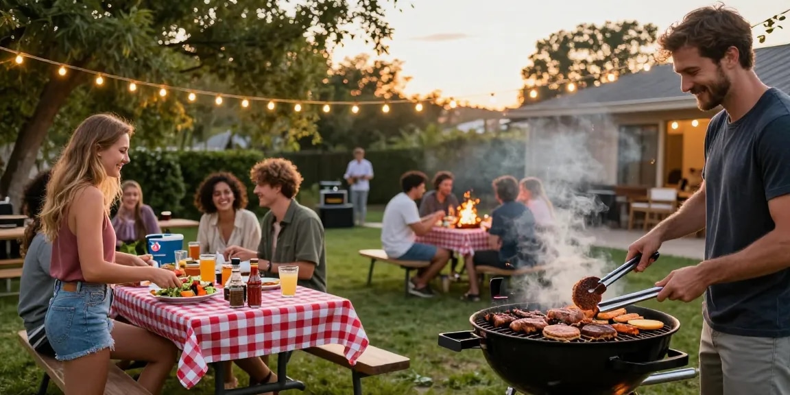 Suasana barbecue yang meriah dengan BOS88 Online, orang-orang memasak dan bersantai di halaman belakang.