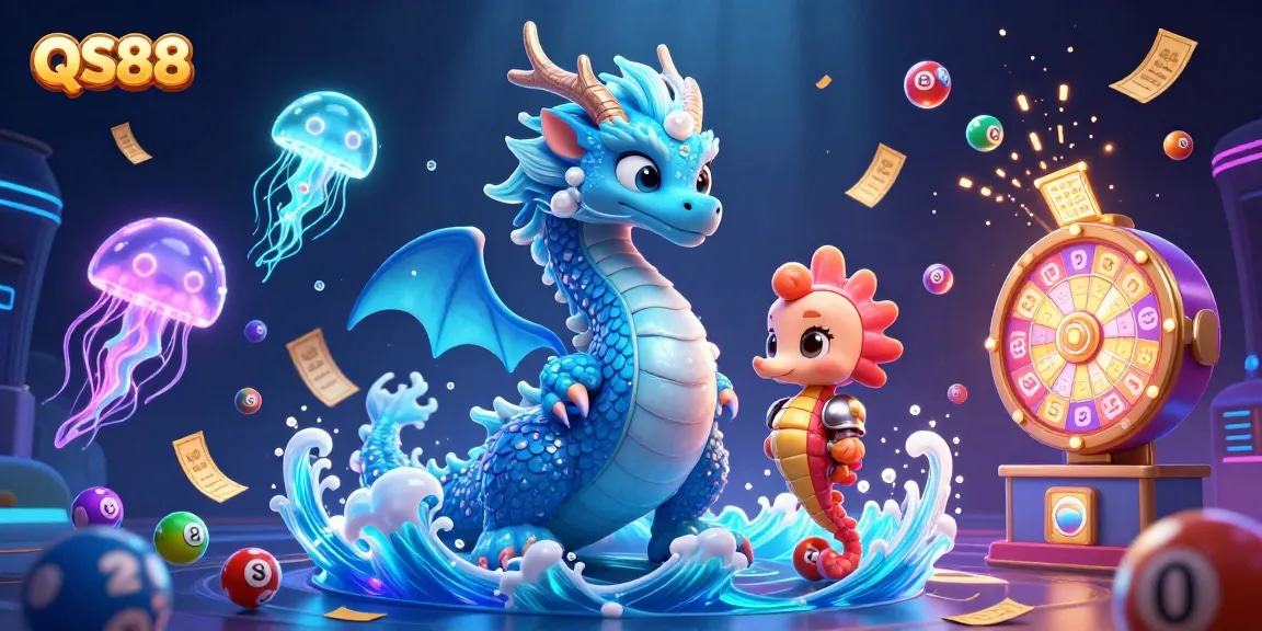 Engage with QS88's exciting lottery experience featuring vibrant ocean-themed characters amidst dynamic gaming elements.
