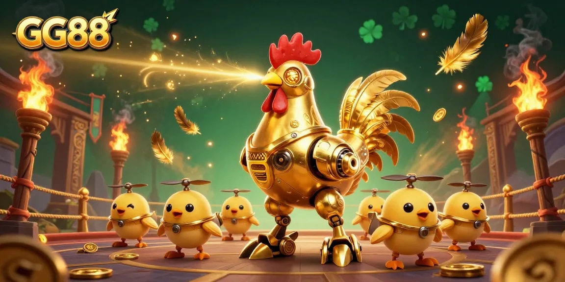 Engage in thrilling gameplay at GG88 with golden rooster robot and vibrant casino atmosphere.