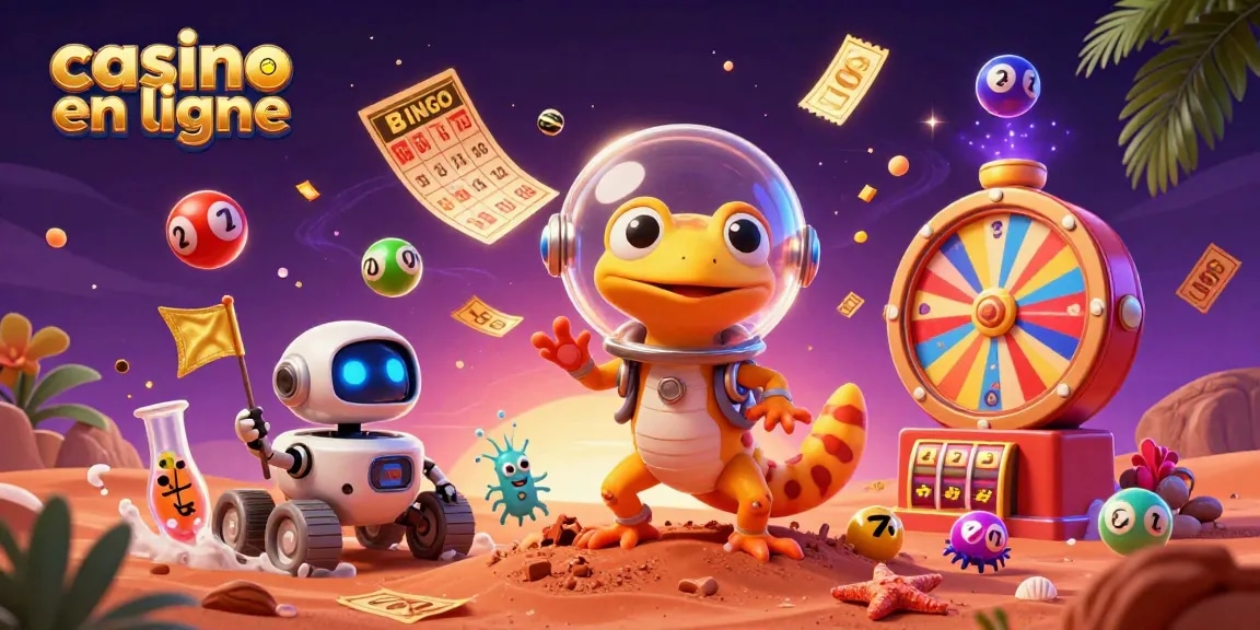 Jouez à casino en ligne avec notre gecko extraterrestre au casino doré sur Mars, entouré de jeux dynamiques.