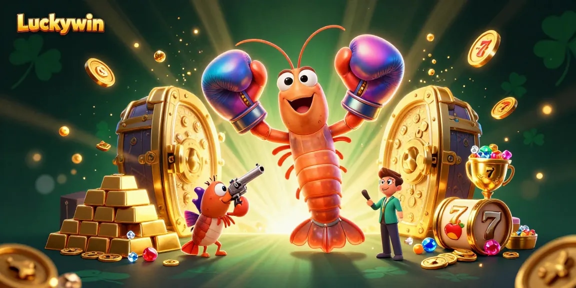 Experience the thrill of Luckywin as cartoon characters celebrate with dazzling treasures and casino elements.