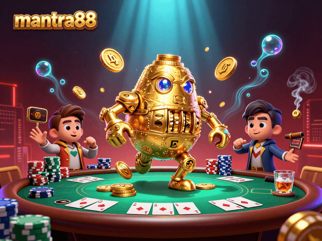 Engage with mantra88's vibrant casino world featuring a golden golem amidst poker excitement.