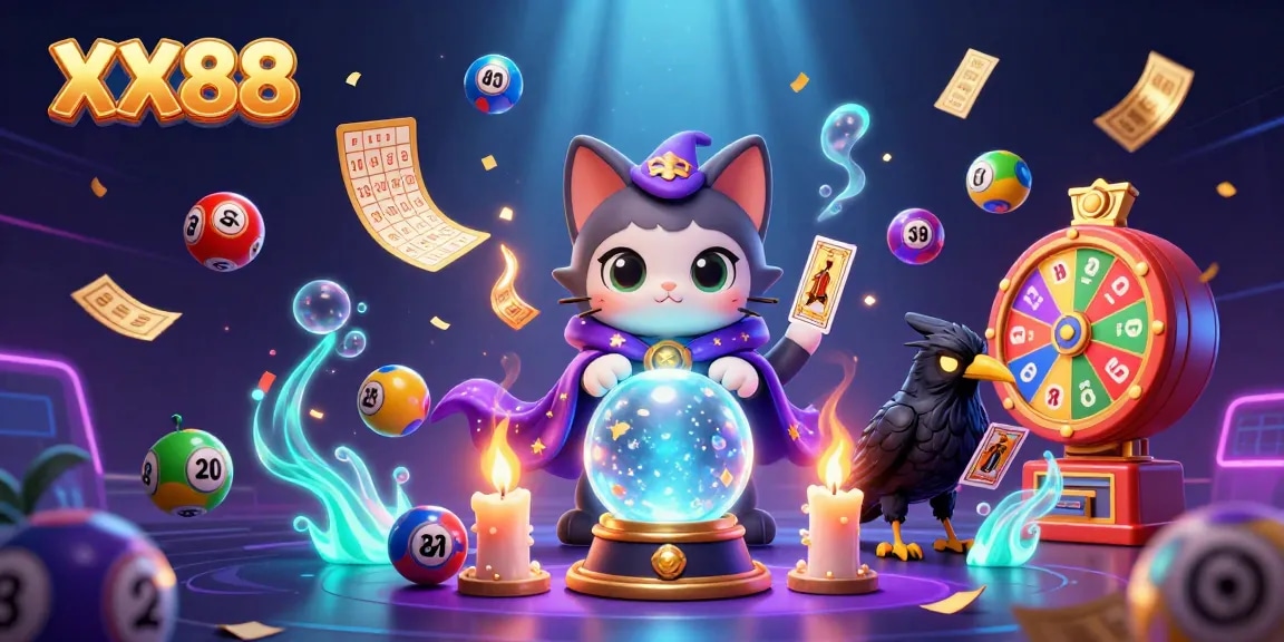 Engage in thrilling games at XX88 with a vibrant 3D scene featuring mystical elements and lottery action.