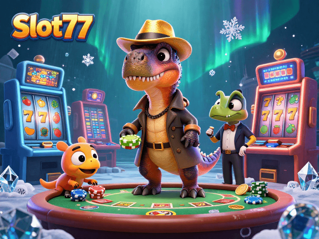 Menggunakan Slot77, velociraptor berusaha cerdik merampok meja blackjack sambil dikelilingi mesin slot berkilau dan jackpot.