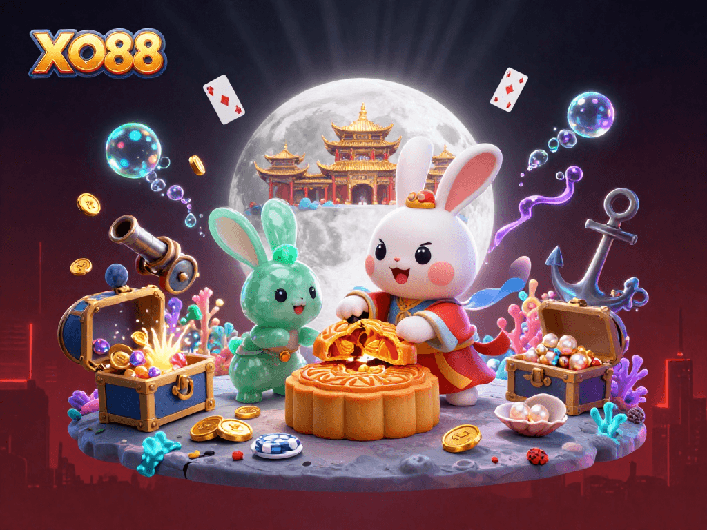 Experience the excitement of XO88 casino gaming featuring animated moon rabbits and poker chips.