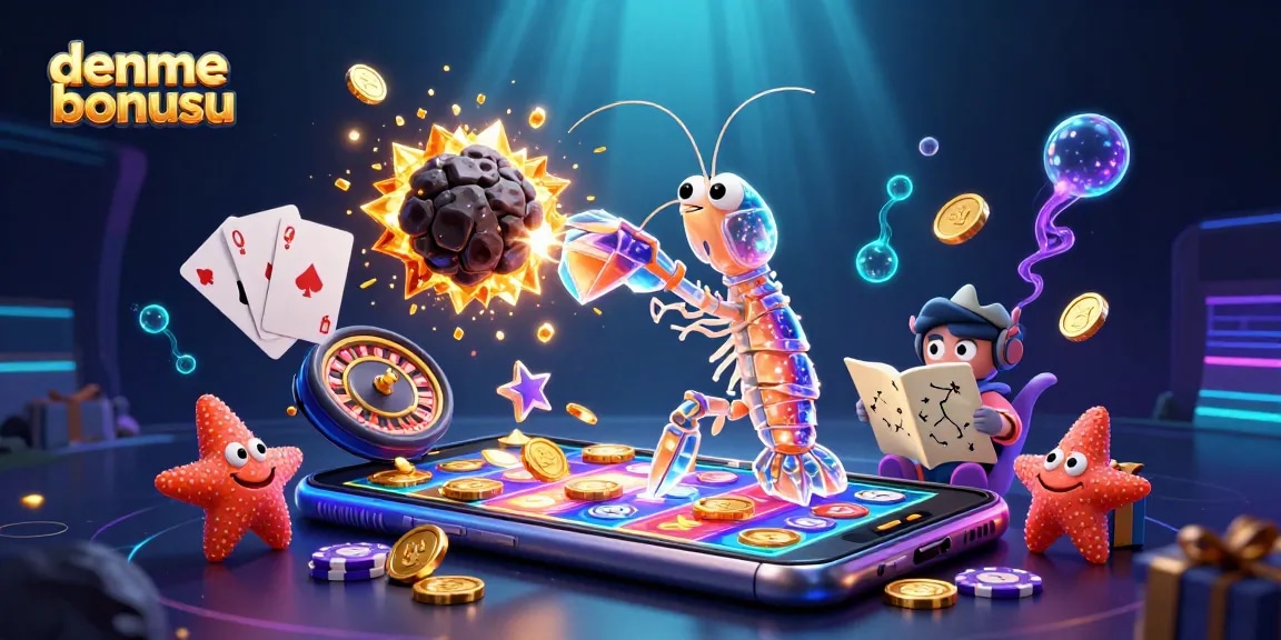 Engage in thrilling gaming with deneme bonusu, featuring vibrant 3D characters amid casino elements.