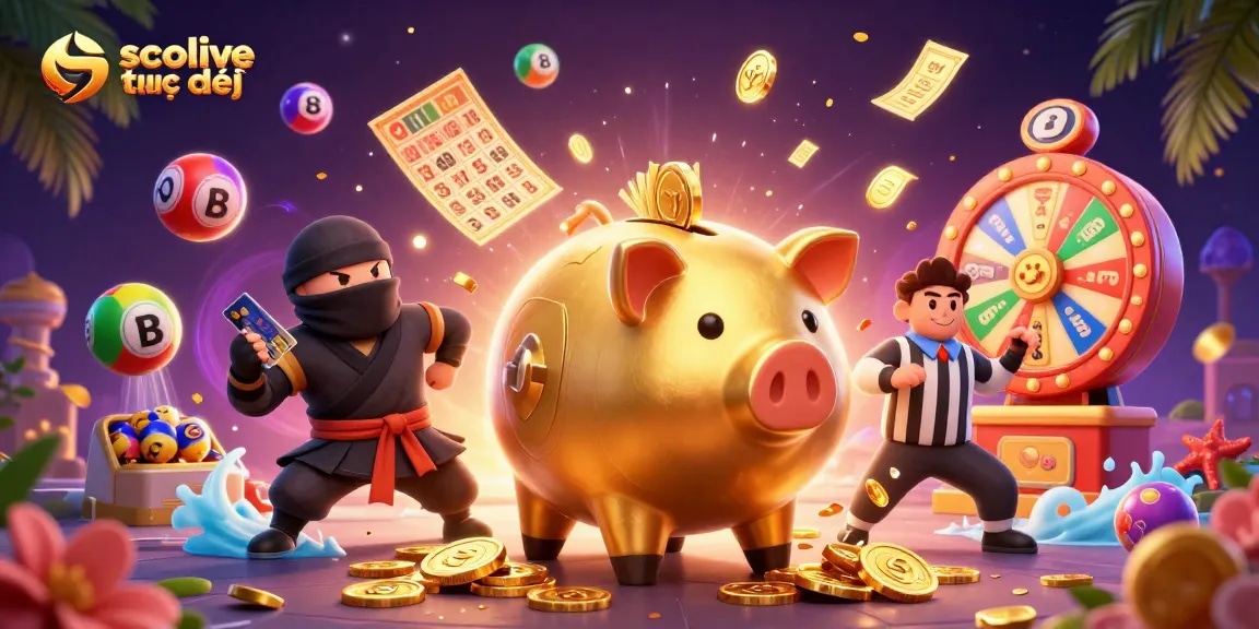 Socolive trực tiếp enhances the gambling experience with an engaging 3D illustration of lively casino characters and elements.