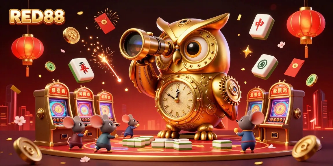 Engage with RED88's vibrant casino scene featuring an owl and lively patrons amidst classic gaming symbols.