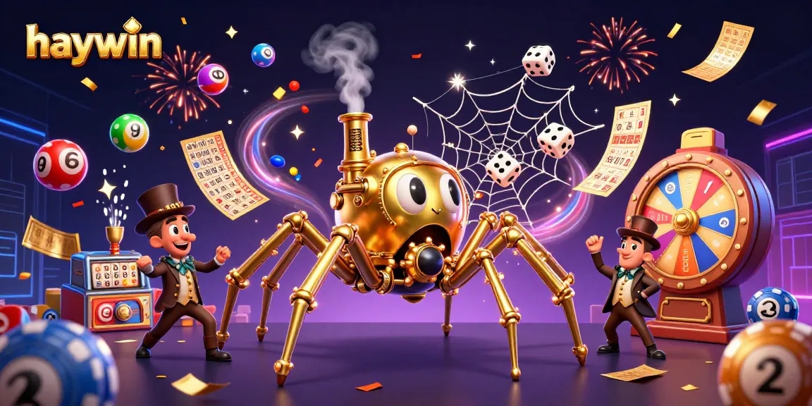 Win big with Haywin's exciting casino experience featuring vibrant gaming elements and a whimsical spider.