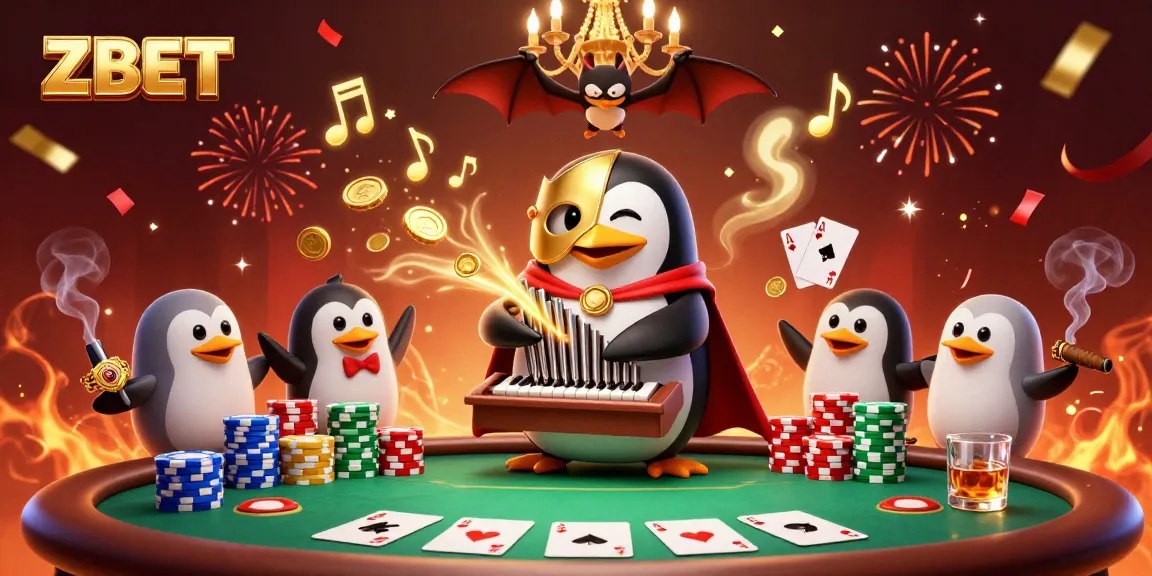 ZBET delivers a lively casino atmosphere with a penguin playing an organ, shooting coins around a poker setup.
