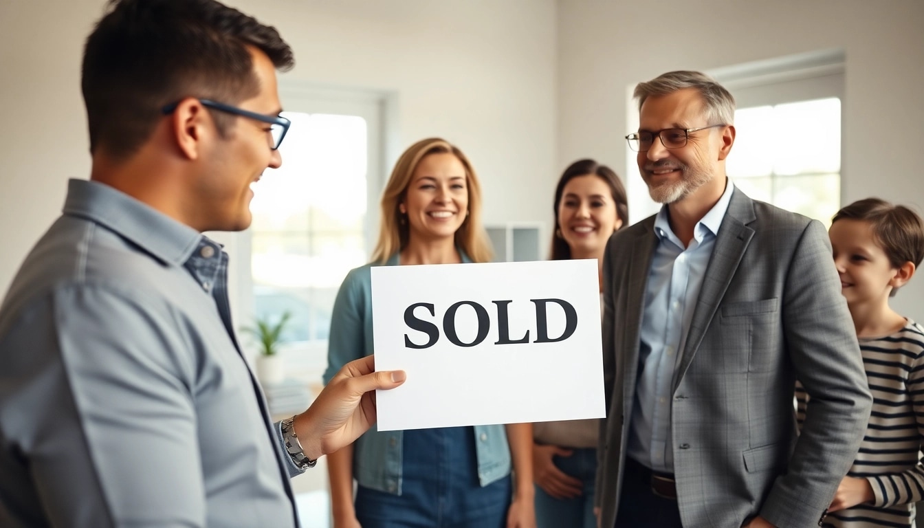 Sell my mobile home, real estate agent assisting a family with a "Sold" sign.