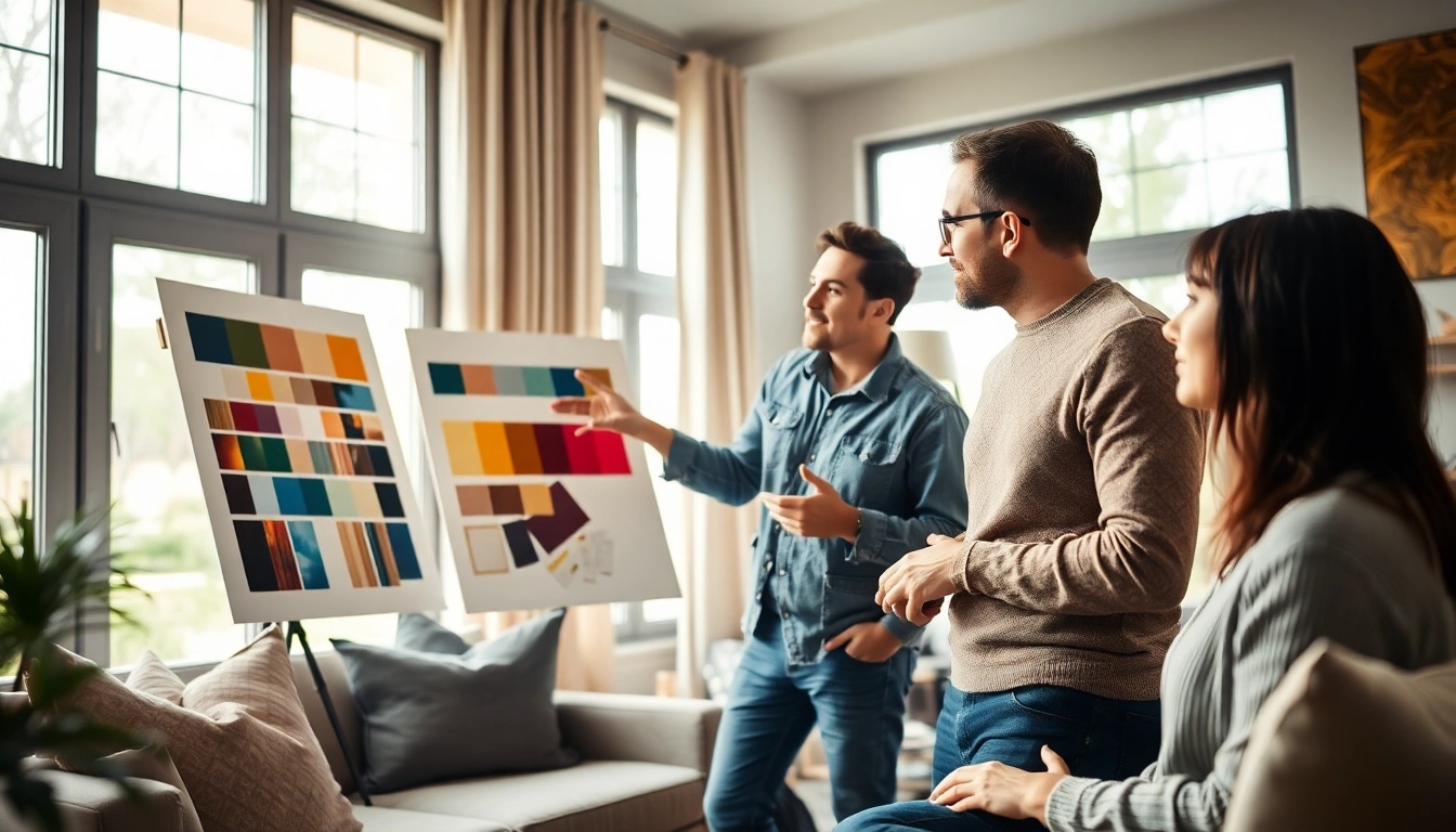Home improvement consultation between a designer and homeowner in a stylish living room.