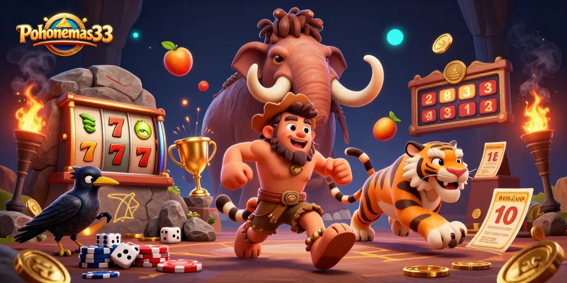 Pohonemas33 showcases a vibrant prehistoric casino scene with a caveman, sabertooth tiger, and crow amidst flying slot elements and coins.