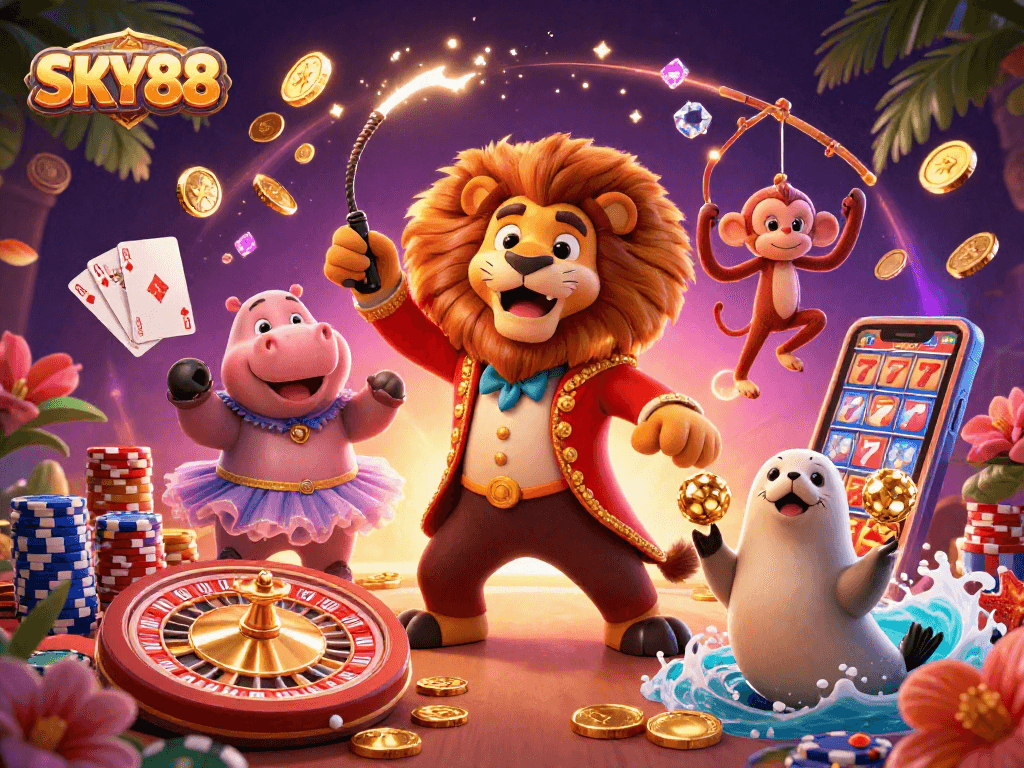 Experience thrills with SKY88 in a vibrant, engaging casino scene featuring cartoon characters and dynamic game elements.