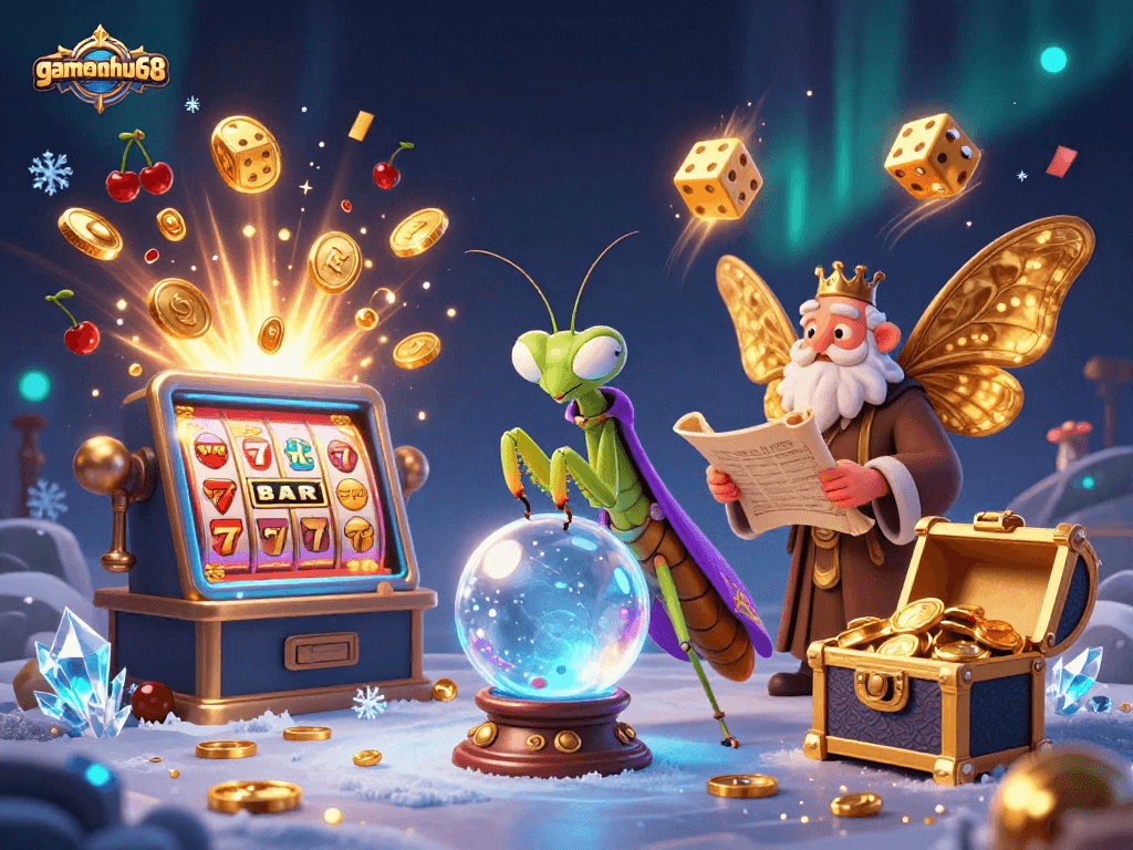 Explore gamenohu68 with a vibrant 3D illustration of fortune tellers and casino excitement.
