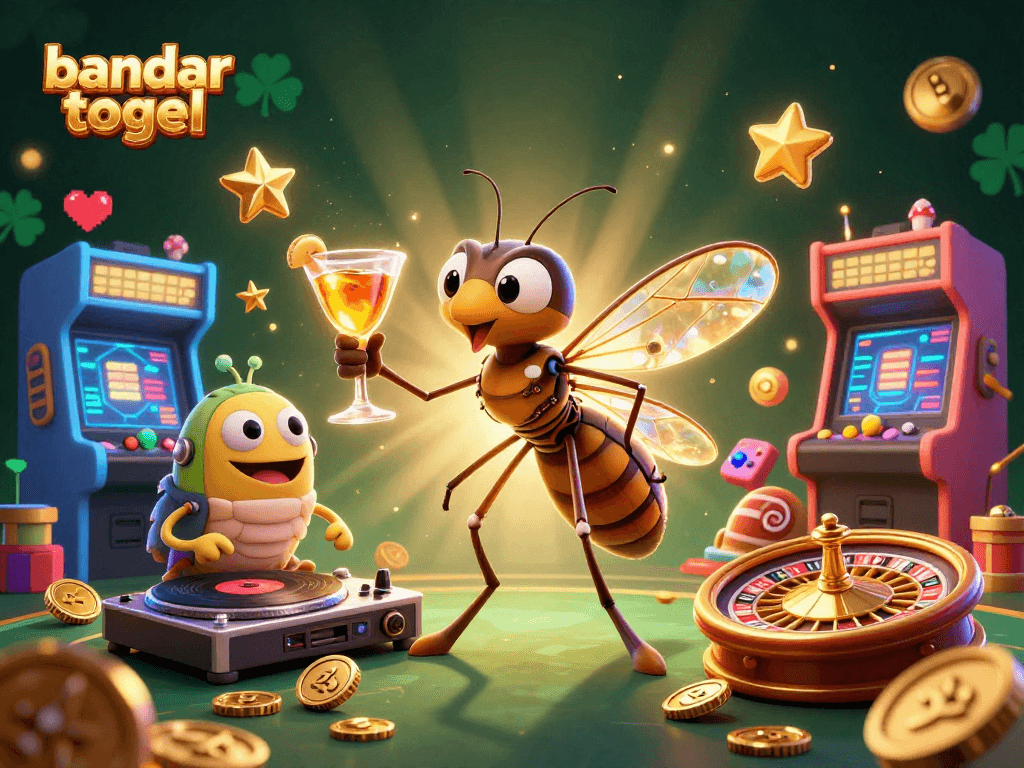 Engage with bandar togel through a lively casino scene featuring vibrant characters and golden gaming elements.