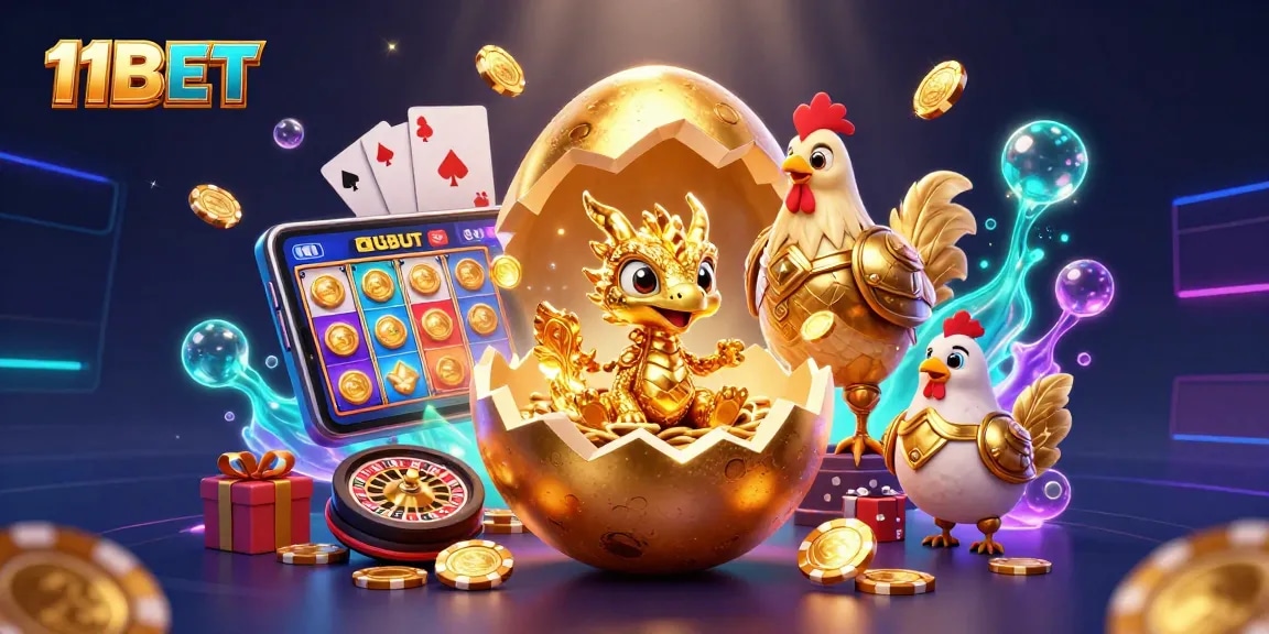 Experience thrilling gameplay with 11BET as a golden dragon emerges from a casino nest of poker chips.