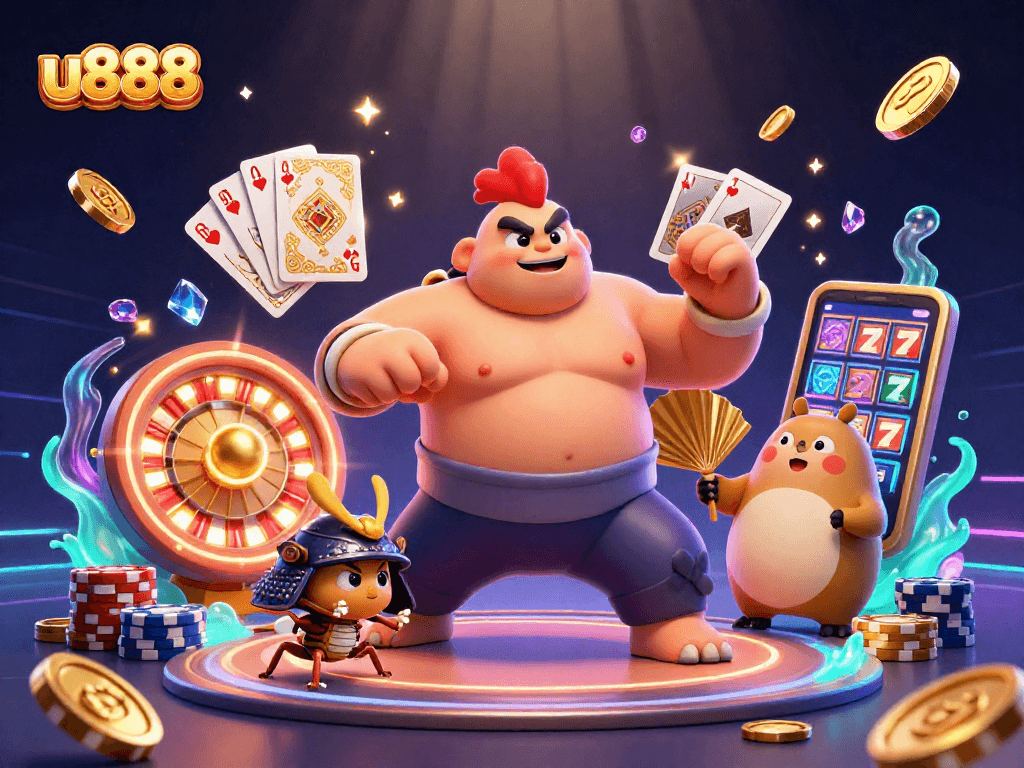 Experience thrilling gameplay with u888 as a mighty sumo rooster, fierce cricket, and tanuki celebrate casino wins!