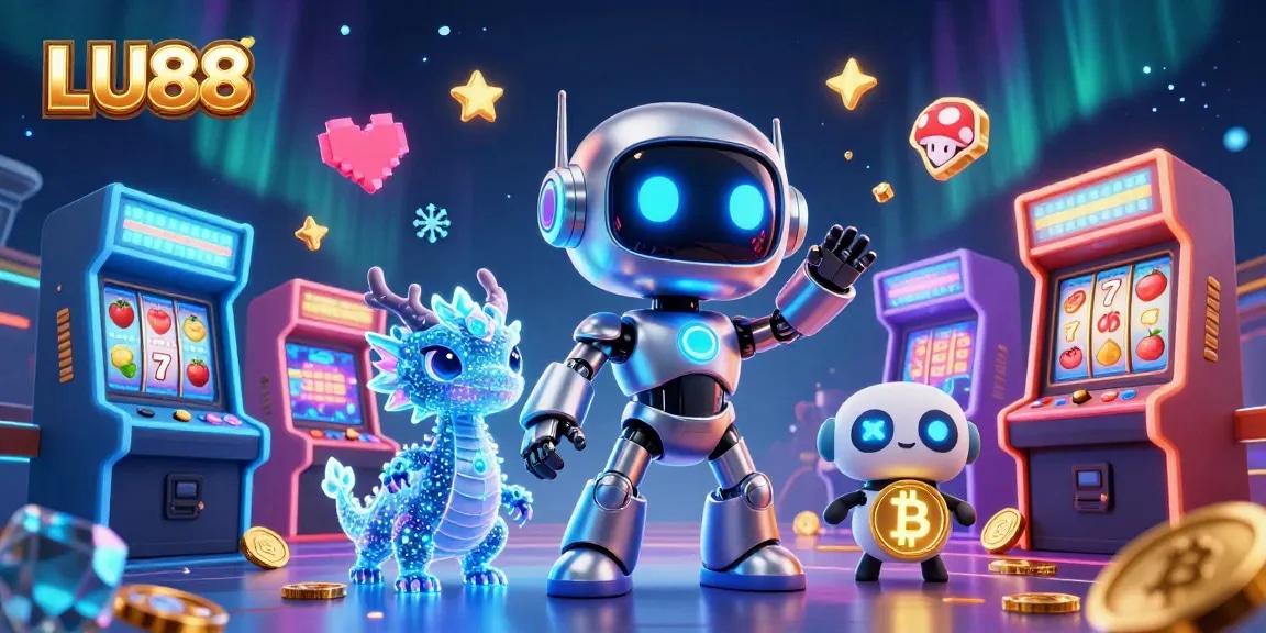 Experience thrilling gameplay with LU88's exciting arcade and casino elements in a vibrant digital illustration.