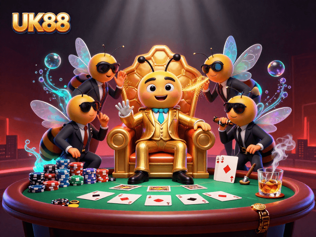 Engage with UK88's dynamic casino scene featuring a bumblebee mob boss and vibrant poker elements.