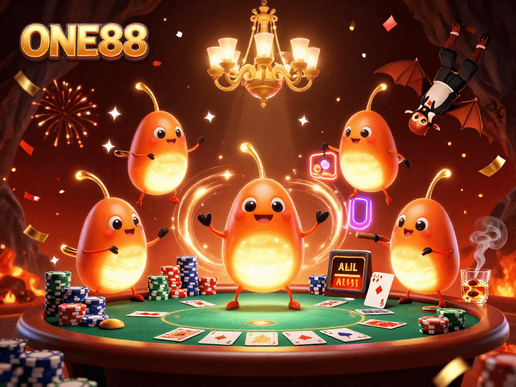 ONE88 glowworms illuminate a cave casino with poker elements and a bat dealer.