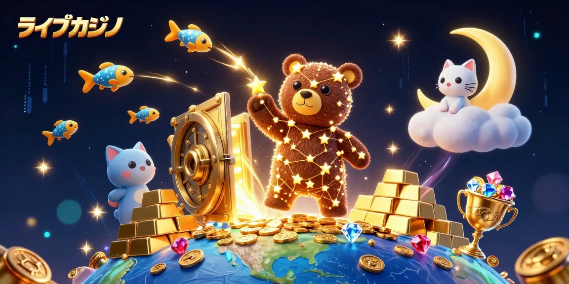 ライブカジノの魅力を概説し、星座のクマがコインを集める魅力的なイラスト。