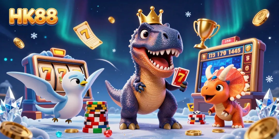 Play exciting games at HK88 with fun characters and vibrant casino elements in an illustrated scene.