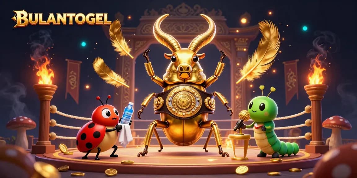 BULANTOGEL showcases an epic battle scene featuring a giant stag beetle and vibrant game elements.