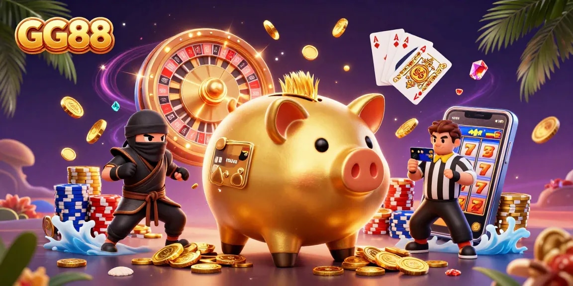 Experience the excitement at GG88 with dynamic characters in action amidst cascading coins and sparkling gems.
