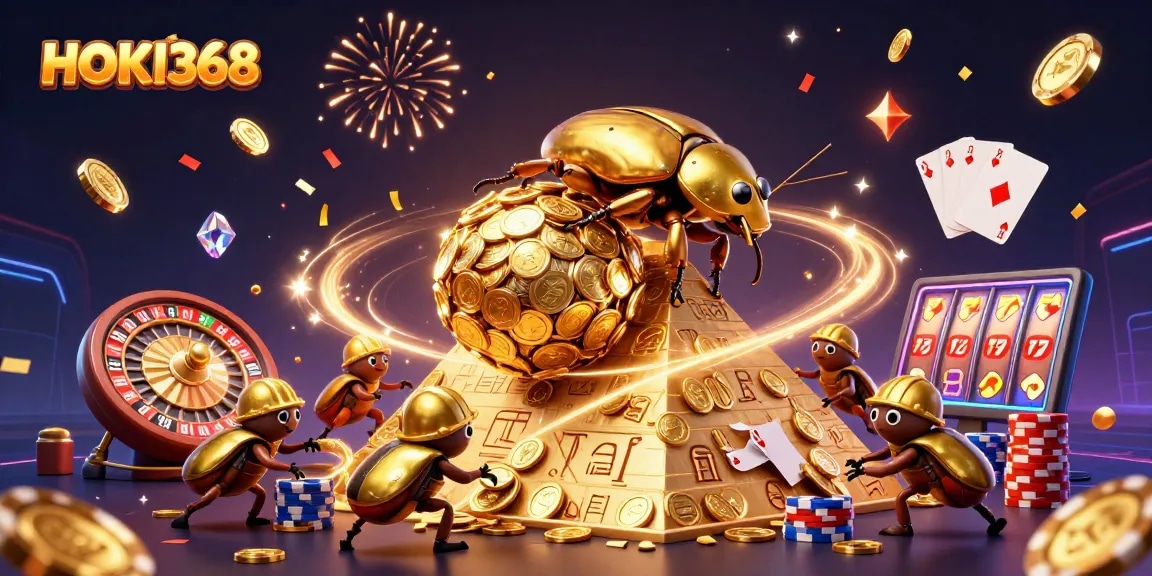 Spin with HOKI368's golden beetles in a vibrant casino world filled with treasures.
