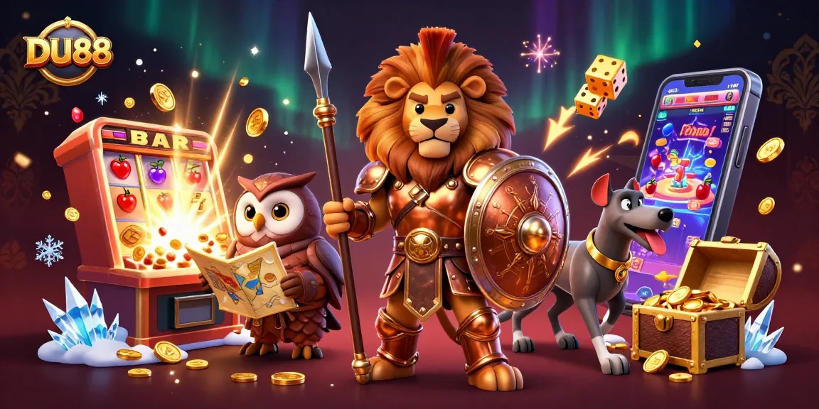 Experience thrilling wins at DU88 with a vibrant 3D casino scene, showcasing epic characters and captivating games.
