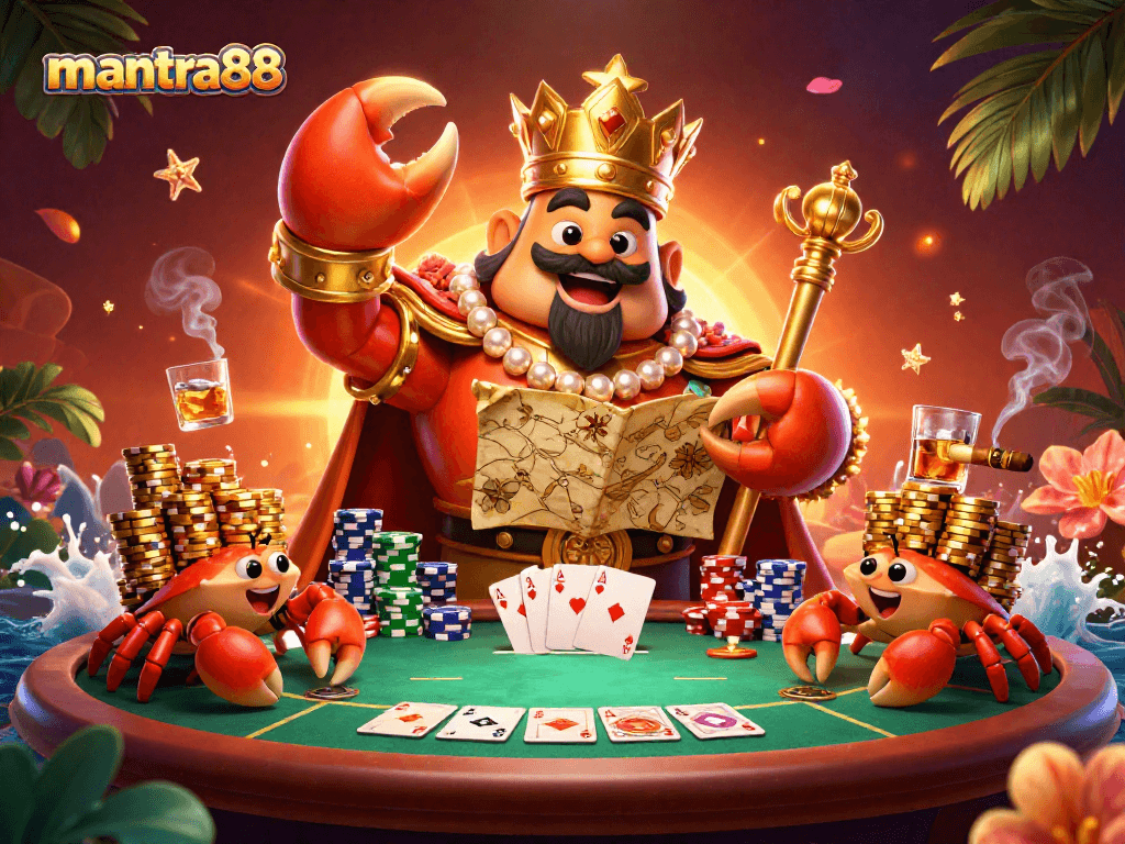 Play exciting games at mantra88 with our vibrant 3D illustration of a golden crab emperor at the poker table.