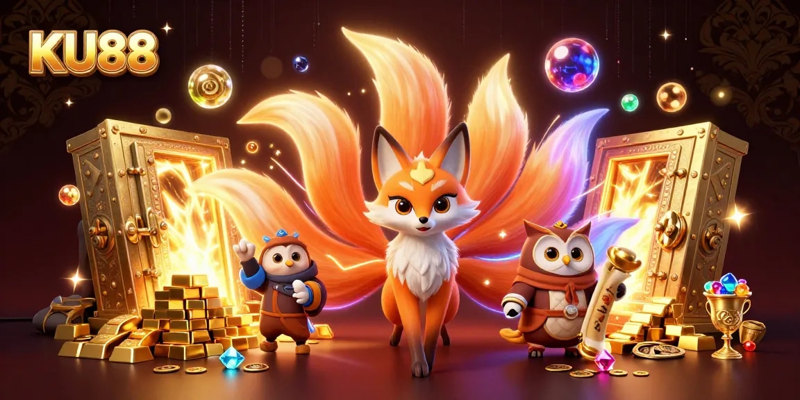 KU88 showcases a vibrant illustration of a nine-tailed fox spirit with gold treasure, embodying the thrill of casino gaming.