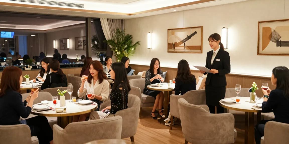 강남구구단의 고급스러운 분위기에서 고객과 매니저가 소통하는 모습입니다.