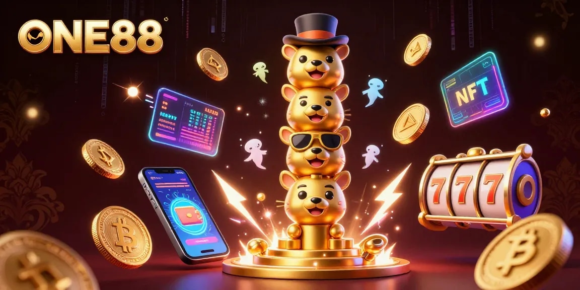 Engage with the vibrant ONE88 casino scene showcasing glowing crypto elements and a golden totem pole.
