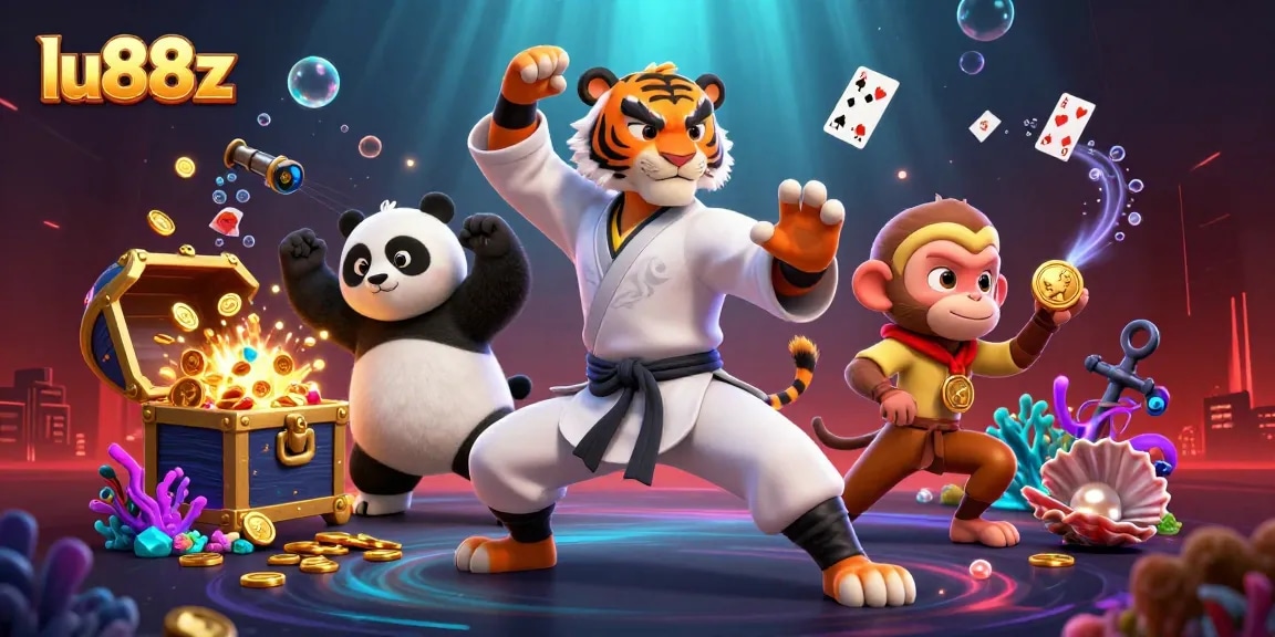 Experience the excitement of lu88z with cartoon masters in a vibrant casino scene packed with action.