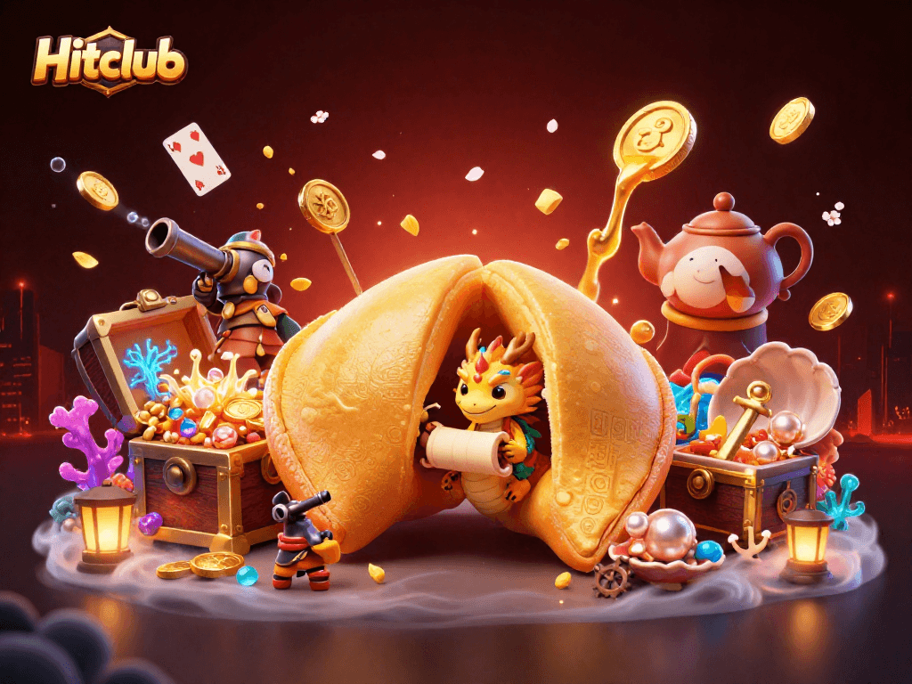 Hitclub showcases a 3D illustration filled with vibrant casino elements and animated characters.