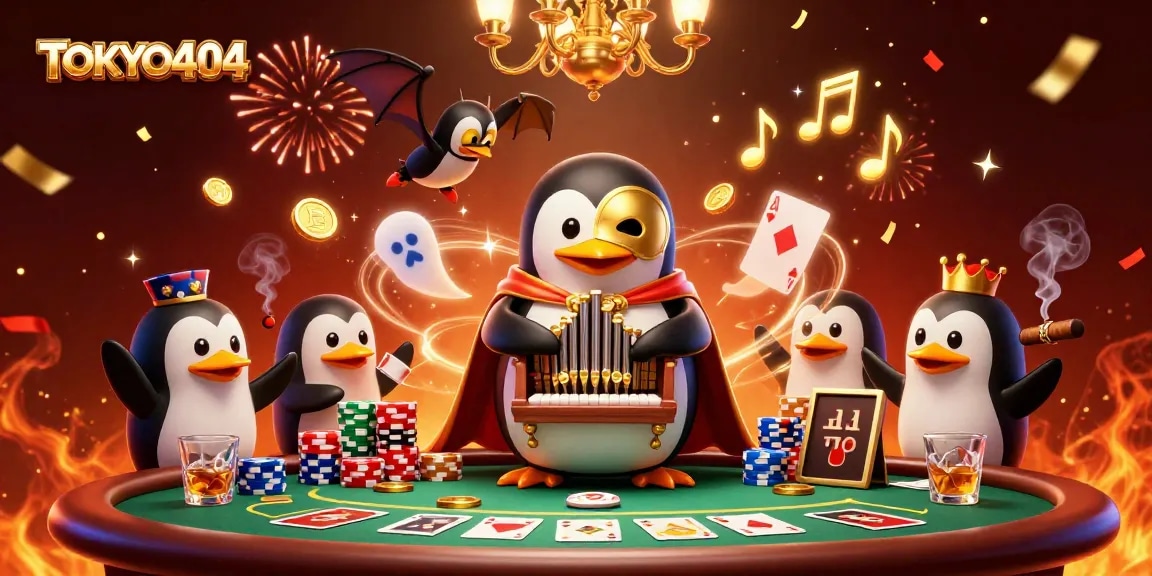 TOKYO404 penguin playing organ amidst poker chips, coins sprouting from pipes during casino celebrations.