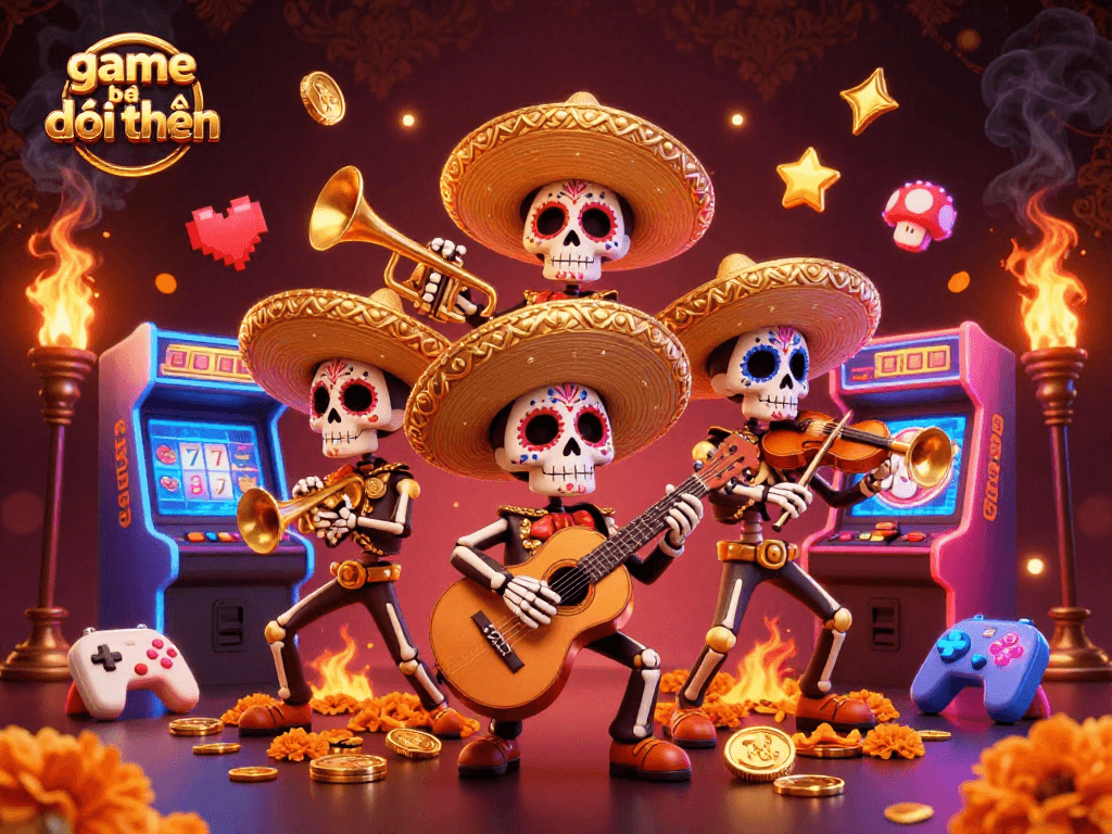 Engage with game bài đổi thưởng through a vibrant 3D scene featuring a mariachi band and gaming elements.