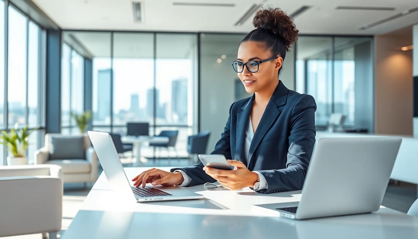 AI executive assistant free optimizing tasks for a business executive in a modern office.