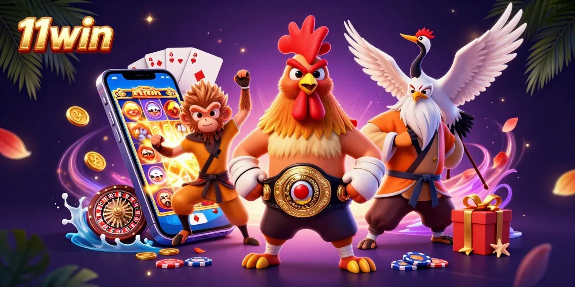 Engage with thrilling casino adventures at 11win, featuring a vibrant 3D illustration of Muay Thai and martial arts characters.