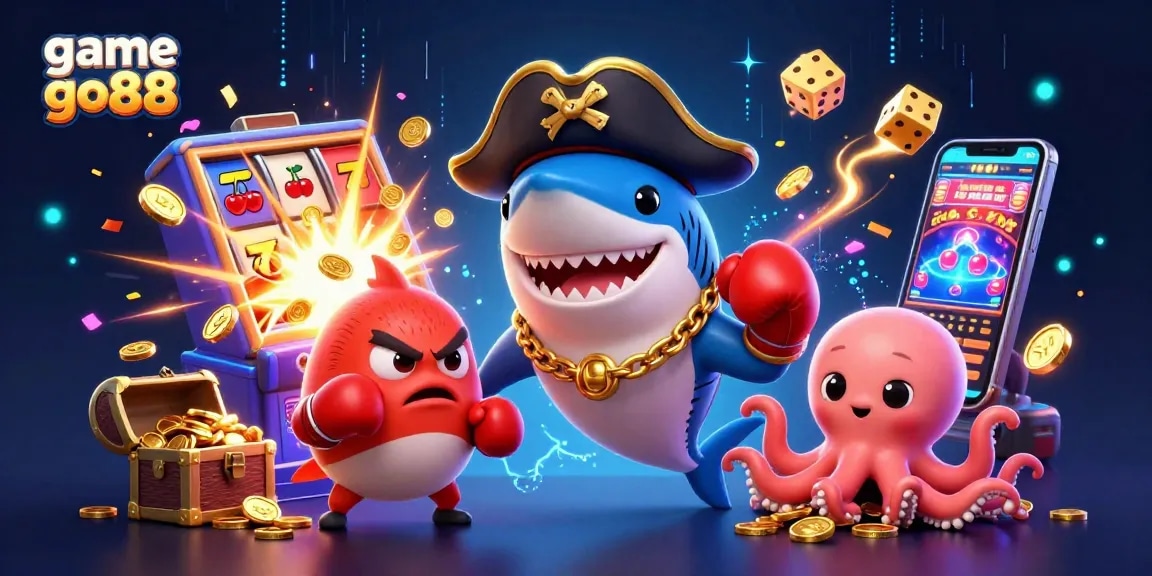 Experience game go88's vibrant world with a jubilant shark, pufferfish, and octopus in a dazzling casino scene.