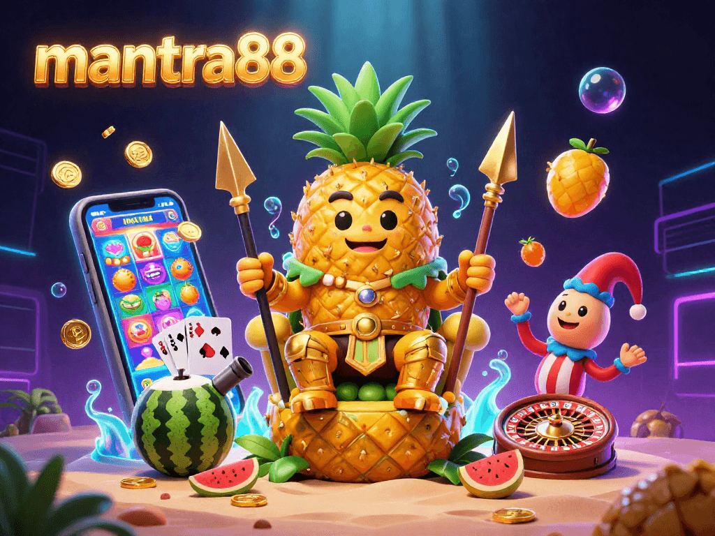 Experience the thrill of winning at mantra88 with an illustration featuring a pineapple king and vibrant casino elements, captivating for players.