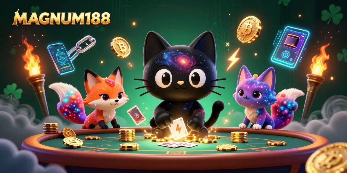 Experience the excitement of MAGNUM188's cosmic casino scene with vibrant characters and rich 3D elements.