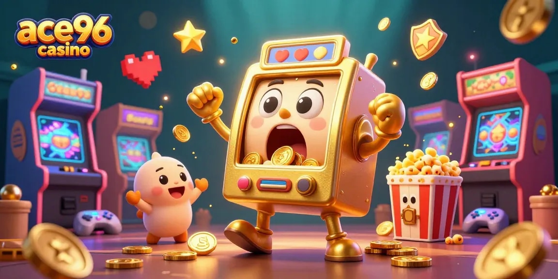 Win big with ace96 casino as a golden slot machine celebrates a jackpot in this vibrant 3D illustration.