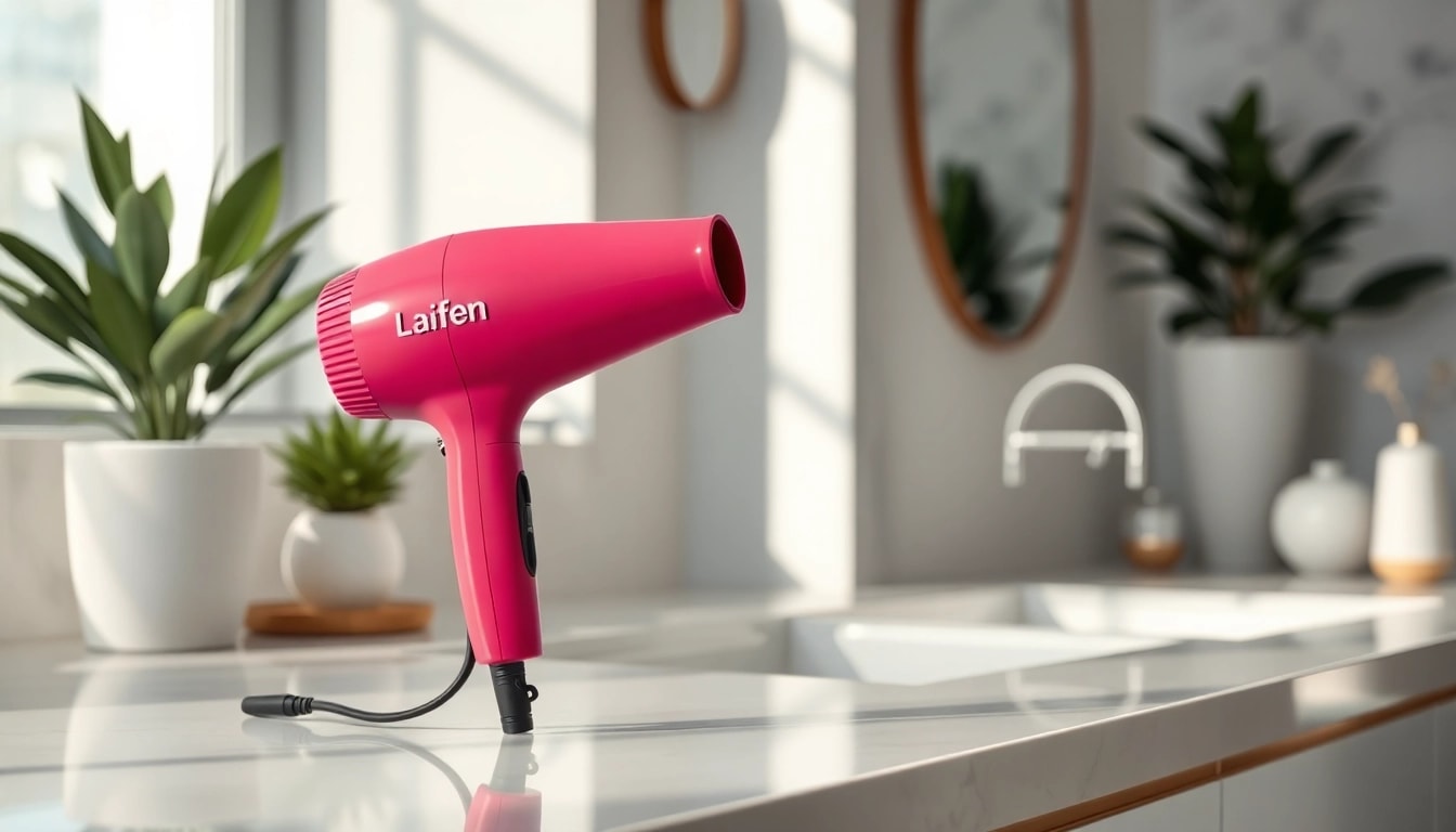 Showcase the Laifen US hair dryer on a sleek bathroom countertop to highlight elegance.